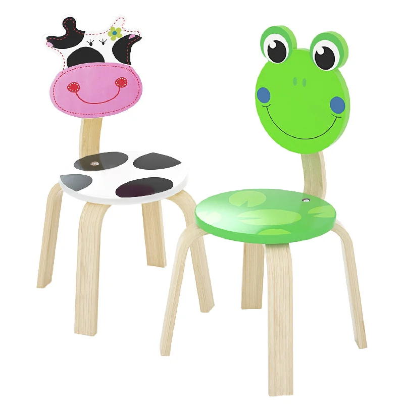 2 PCS Animal Cow & Frog Wooden Kids Cute Chair Sets